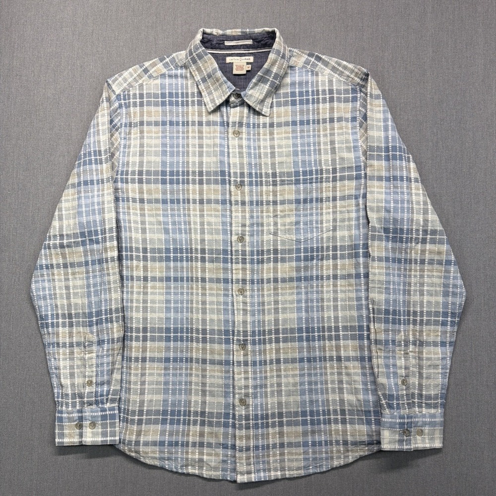 Carbon 2 Cobalt Mens‎ Medium Cotton Button Up Shirt Plaid Beige Blue